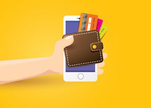 Illustration einer Hand, die ein Handy mit Brieftasche und Plastikkarten hält