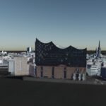 Das Bild zeigt eine Ansicht des 3D-Projektplaners mit einer digitalen Ansicht der Elbphilharmonie und Umgebung.