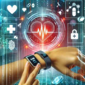 Das Bild symbolisiert das digitale Gesundheitswesen. Im Vordergrund ist eine Hand mit Fitnesstracker zu sehen, im Hintergrund ein stilisiertes Herz.