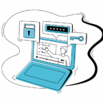 Auf dem Bildschirm eines stilisiert dargestellten hellblauen Laptops wird ein ebenfalls stilisiert dargestelltes E-Learning-Video abgespielt, in dem eine Person etwas erklärt. Hellblau hinterlegte Sprechblasen zeigen ein Vorhängeschloss und einen Schlüssel.