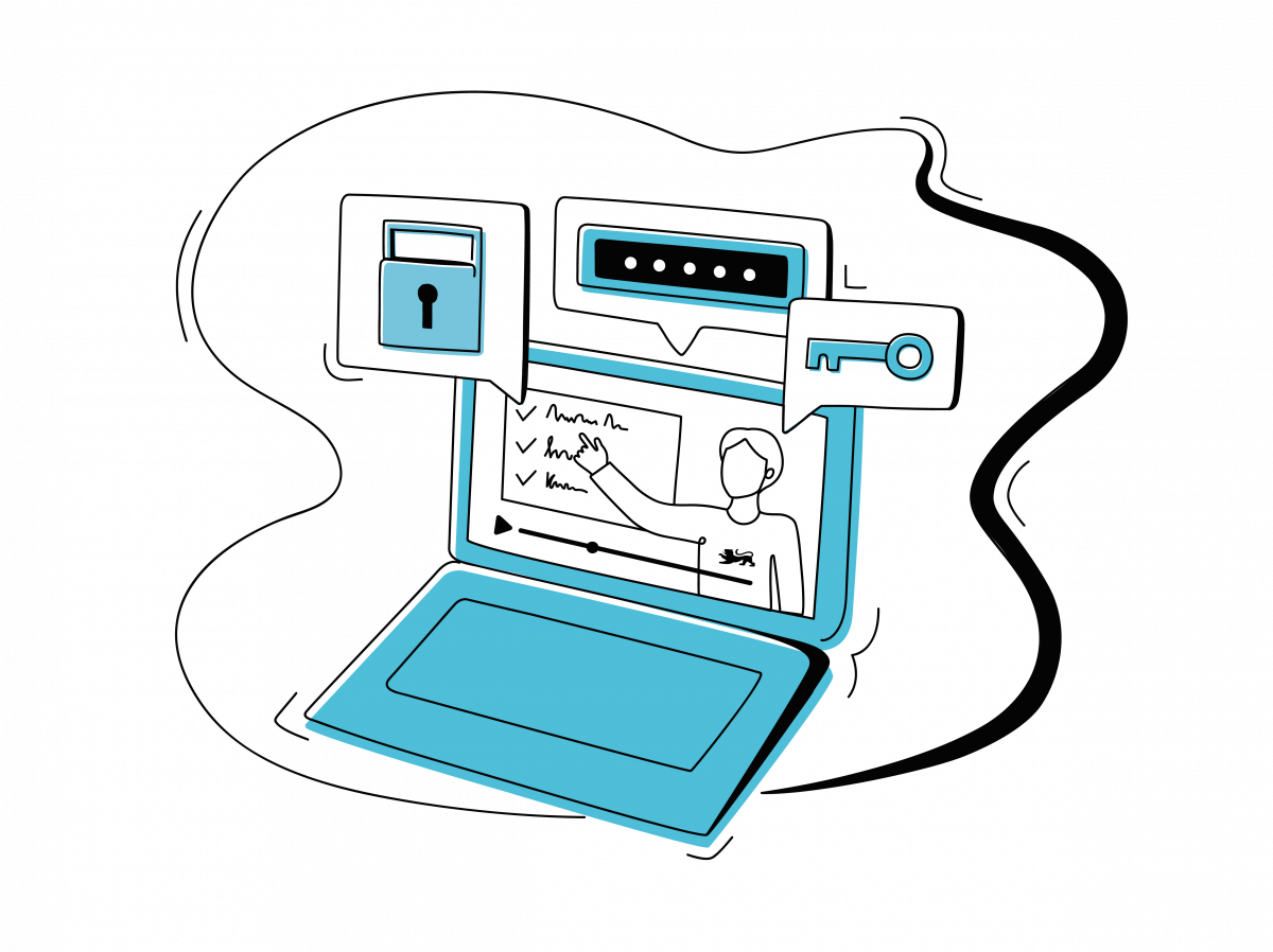 Auf dem Bildschirm eines stilisiert dargestellten hellblauen Laptops wird ein ebenfalls stilisiert dargestelltes E-Learning-Video abgespielt, in dem eine Person etwas erklärt. Hellblau hinterlegte Sprechblasen zeigen ein Vorhängeschloss und einen Schlüssel.