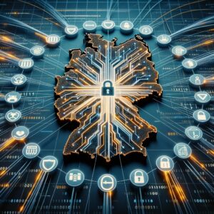 Das Bild zeigt symbolisch den Glasfaserausbau auf einer Deutschlandkarte. Integriert sind Elemente, die den Sicherheitsaspekt betonen.