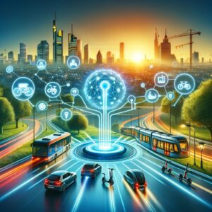 Das KI-generierte Bild zeigt symbllisch die Vernetzung von ÖPNV, Individualverkehr und Sharing-Angeboten auf einer cloudbasierten Mobilitätsplattform.