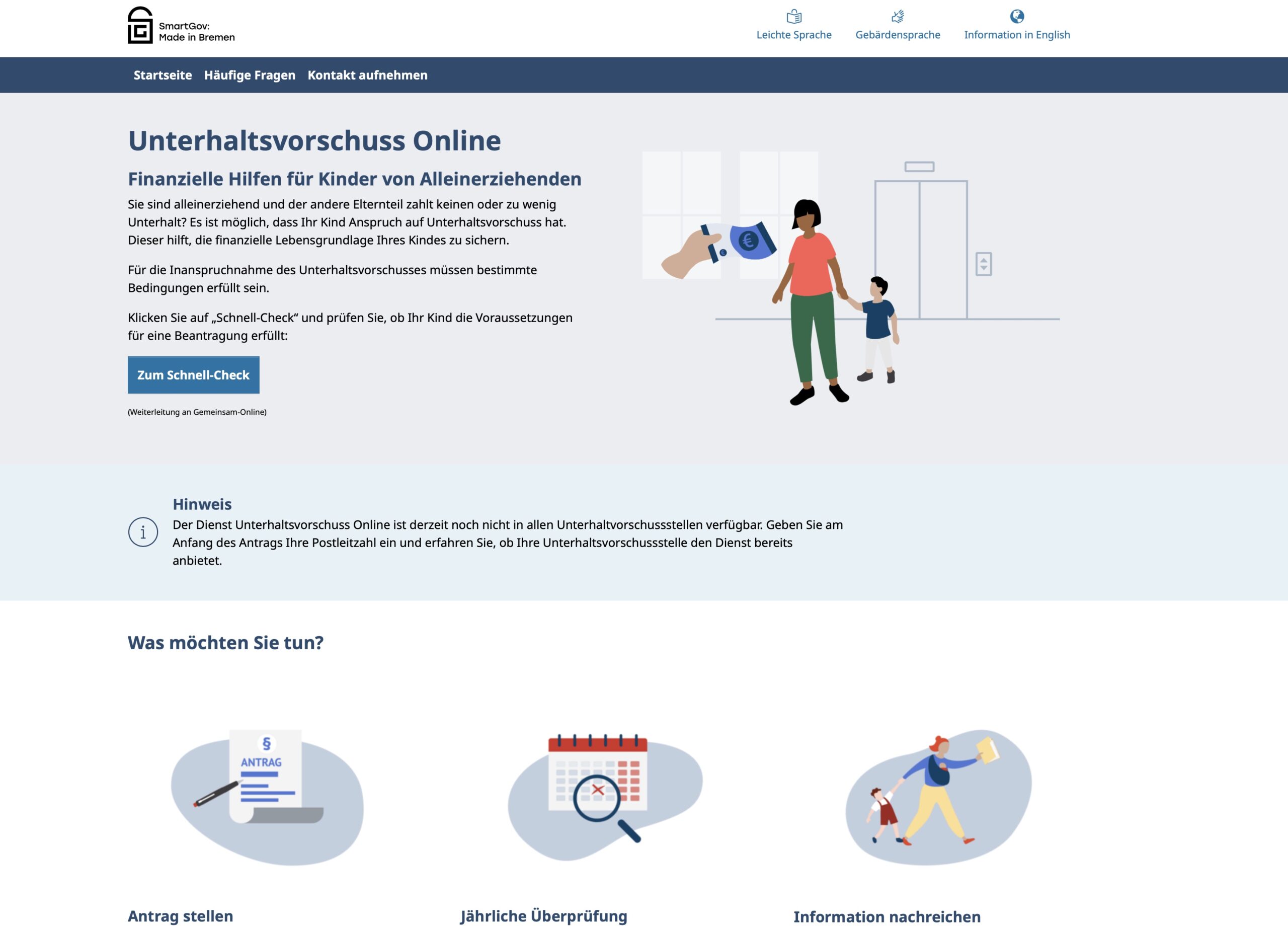 Das Bild zeigt die Startseite des Online-Dienstes zur Beantragung von Unterhaltsvorschuss.