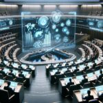 Das KI-generierte Bild zeigt einen futuristischen Plenarsaal, in dem die Abgeordneten vor Bildschirmen sitzen.