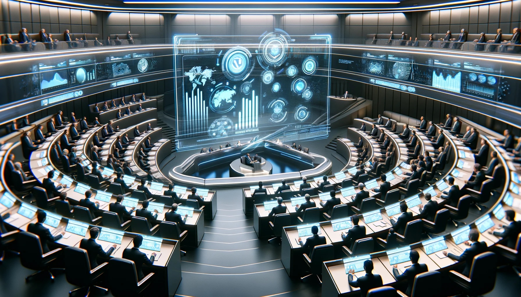 Das KI-generierte Bild zeigt einen futuristischen Plenarsaal, in dem die Abgeordneten vor Bildschirmen sitzen.