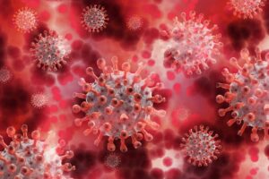 Das Bild zeigt eine Mikroskop-Aufnahme des Corona-Virus.