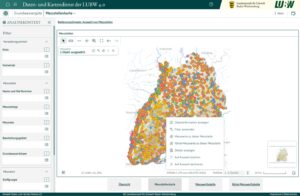 Das Bild ist ein Screenshot der Messstellenkarte für Grundwassergüte auf der Online-Plattform für Grundwasserdaten in Baden-Württemberg.