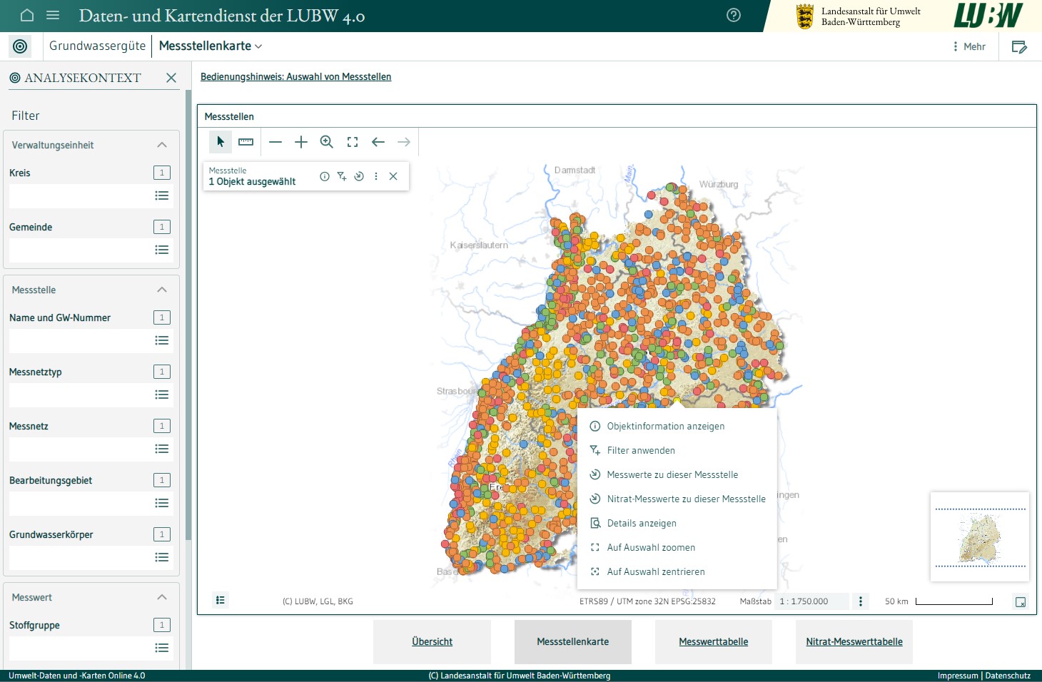 Das Bild ist ein Screenshot der Messstellenkarte für Grundwassergüte auf der Online-Plattform für Grundwasserdaten in Baden-Württemberg.