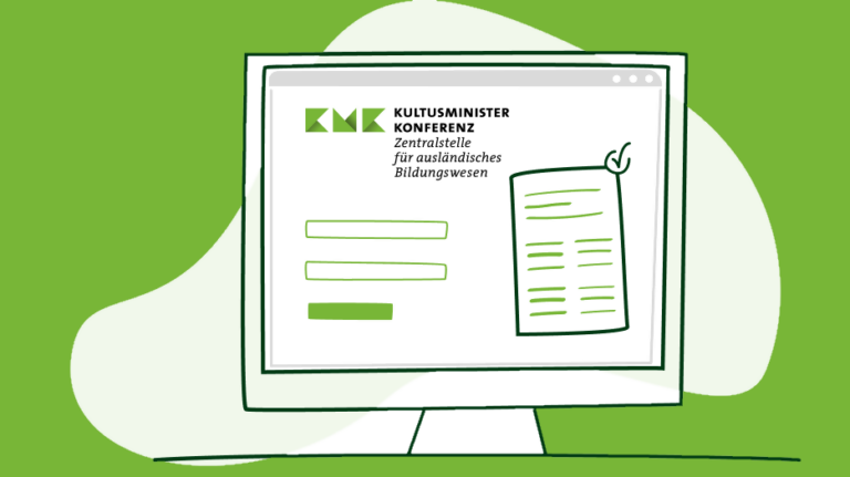 Illustration: vereinfacht gezeichnete Darstellung eines Computermonitors, der die ZAB-Website zeigt, vor grünem Hintergrund.