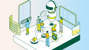 Illustration: Menschen arbeiten an Bildschirmen in einer futuristischen, freundlichen Umgebung.