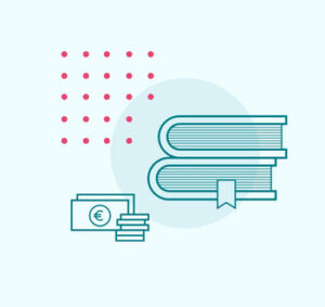 Stlisierte Darstellung eines Bücherstapels und einiger Euro-Scheine und -Münzen.