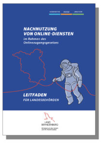 Cover des EfA-Leitfadens aus Branenburg: Cartoon-Astronaut vpr blauem Hintergrund, in der Hand eine rote Leine in der Kontur Brandenburgs.