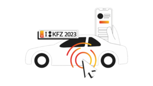 Illustration eines Autos mit Mauszeiger, eine Hand mit Smartphone und ein Kfz-Kennzeichen