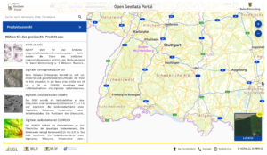 Screenshot der Startseite des Open GeoData Portals, der eine Landkarte und eine seitlich eingeblendete Produktauswahl zeigt.
