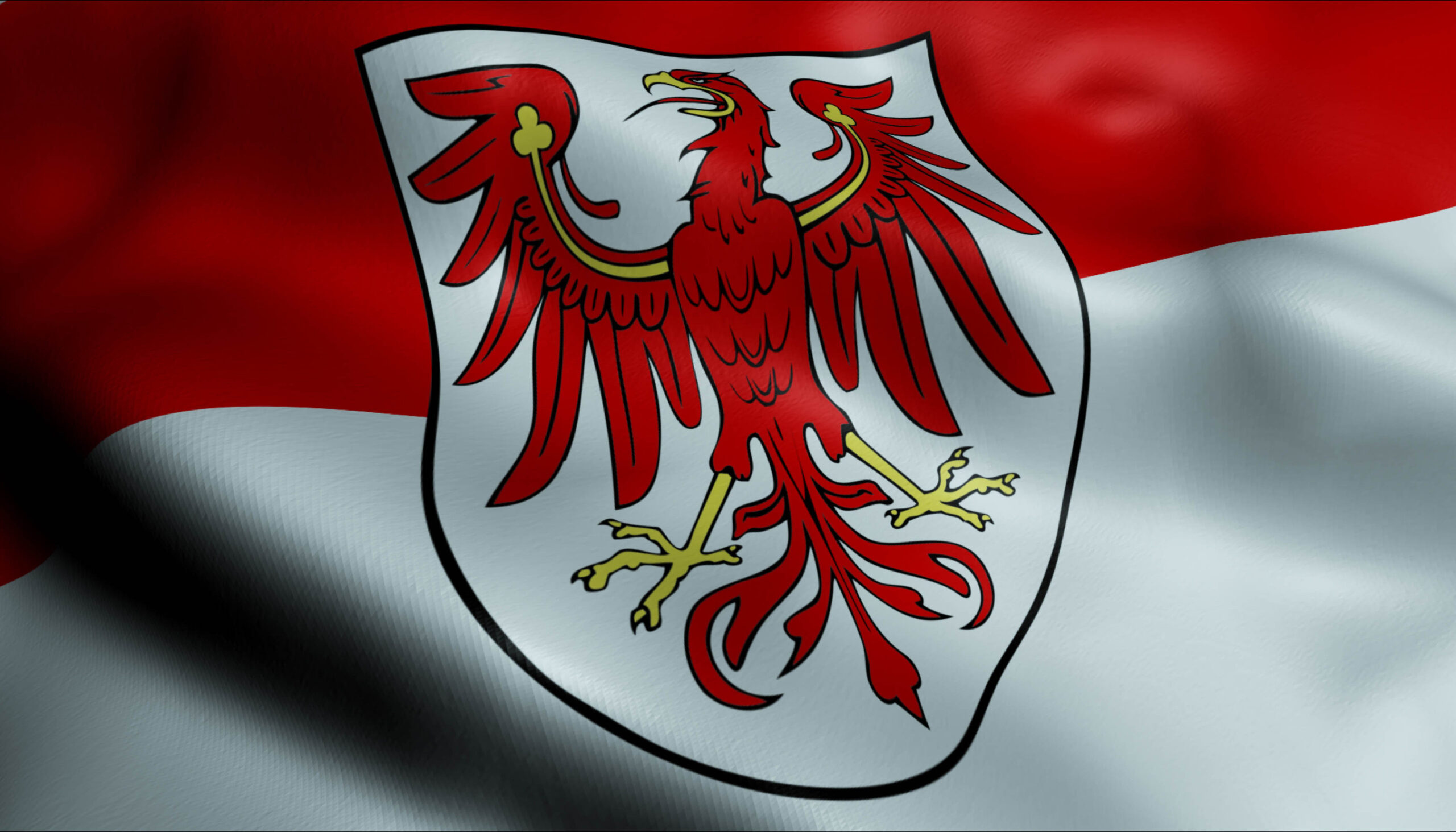 Wehende Brandenburg-Flagge mit dem Landeswappen, das einen Adler zeigt.