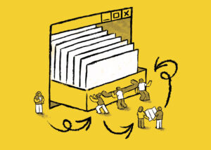 Coverillustration der Studie: Mehrere Menschen schieben gemeinsam eine überdimensionierte Karteikarten-Schublade, im Hintergrund ein digitales Anwendungsfenster.