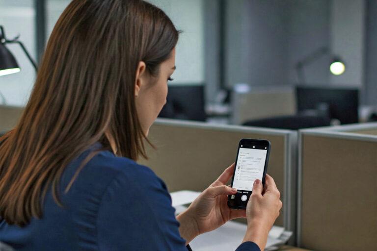 Blick über die Schulter einer jungen Frau, die ein Smartphone hält.