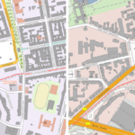 Zwei Kartenansichten der Posdamer Innenstadt im Vergleich: die Karte links ist kontrast- und detailreicher, die Karte rechts hat mattere Farben.