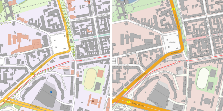 Zwei Kartenansichten der Posdamer Innenstadt im Vergleich: die Karte links ist kontrast- und detailreicher, die Karte rechts hat mattere Farben.