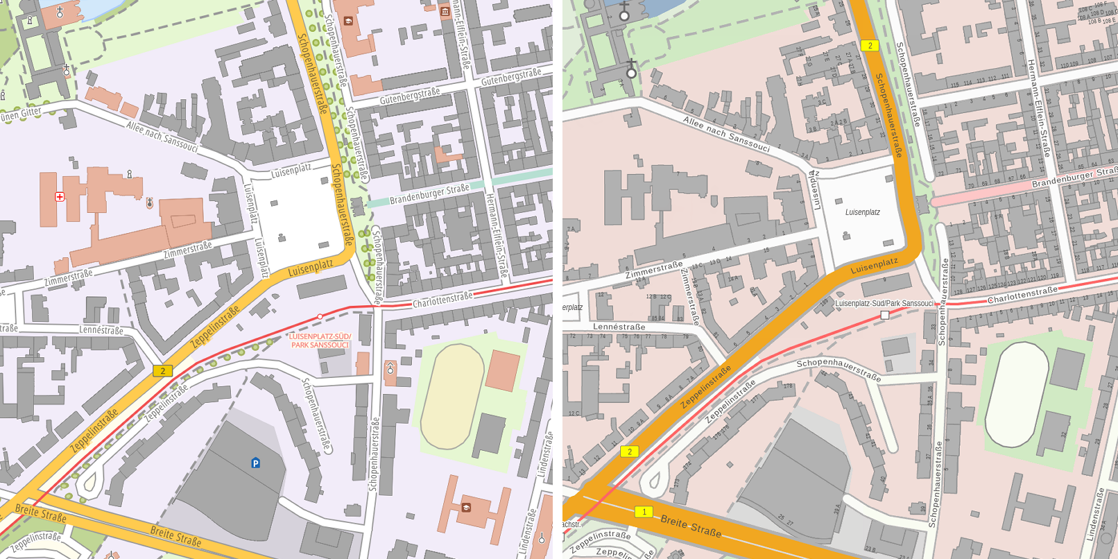 Zwei Kartenansichten der Posdamer Innenstadt im Vergleich: die Karte links ist kontrast- und detailreicher, die Karte rechts hat mattere Farben.
