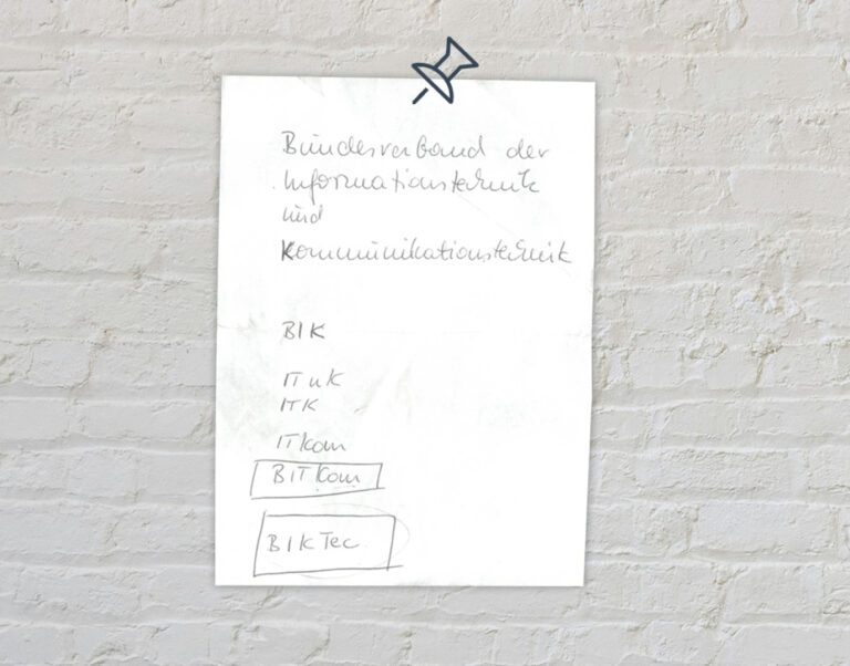 Faksimile des Notizblocks, auf dem der Name Bitkom entwickelt wurde