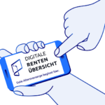 Illustration: Hände halten ein Smartphone, auf dem das Logo der Digitalen Rentenübersicht zu sehen ist.