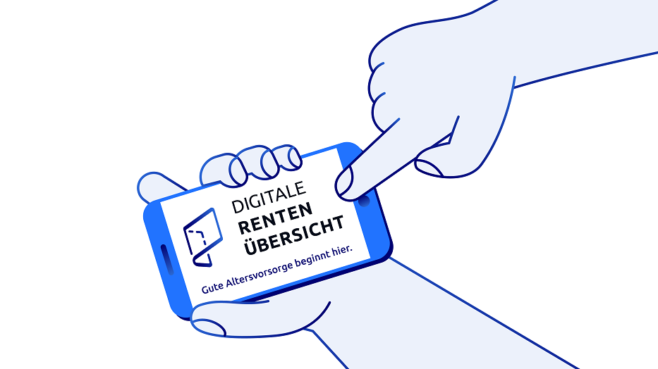 Illustration: Hände halten ein Smartphone, auf dem das Logo der Digitalen Rentenübersicht zu sehen ist.