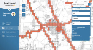 Screenshot der Funklochkarte. Zu sehen ist ein stark gezoomtes ländliches Gebiet mit einzelnen Rasterzellen.