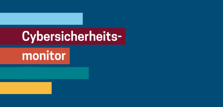 Covergrafik des Cybersicherheitsmonitors 2025, blauer Hintergrund mit fünf verschiedenfarbigen, horizontalen Balken.