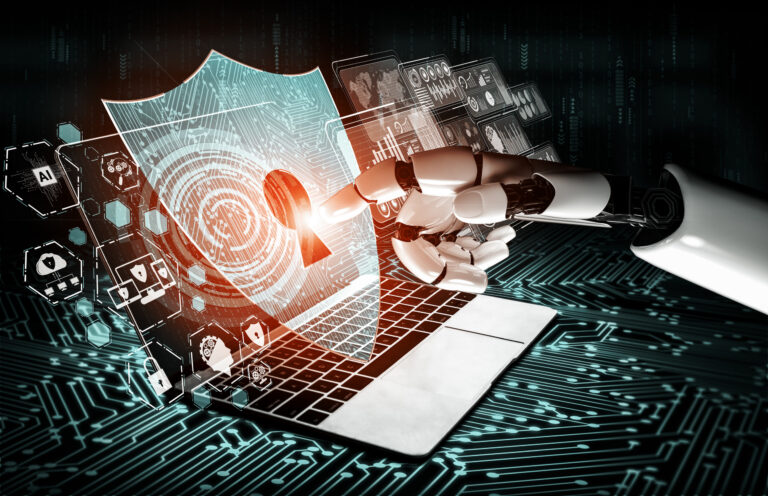 Eine Roboterhand tippt mit dem Zeigefinger ein digitales Sicherheitsschloss an.