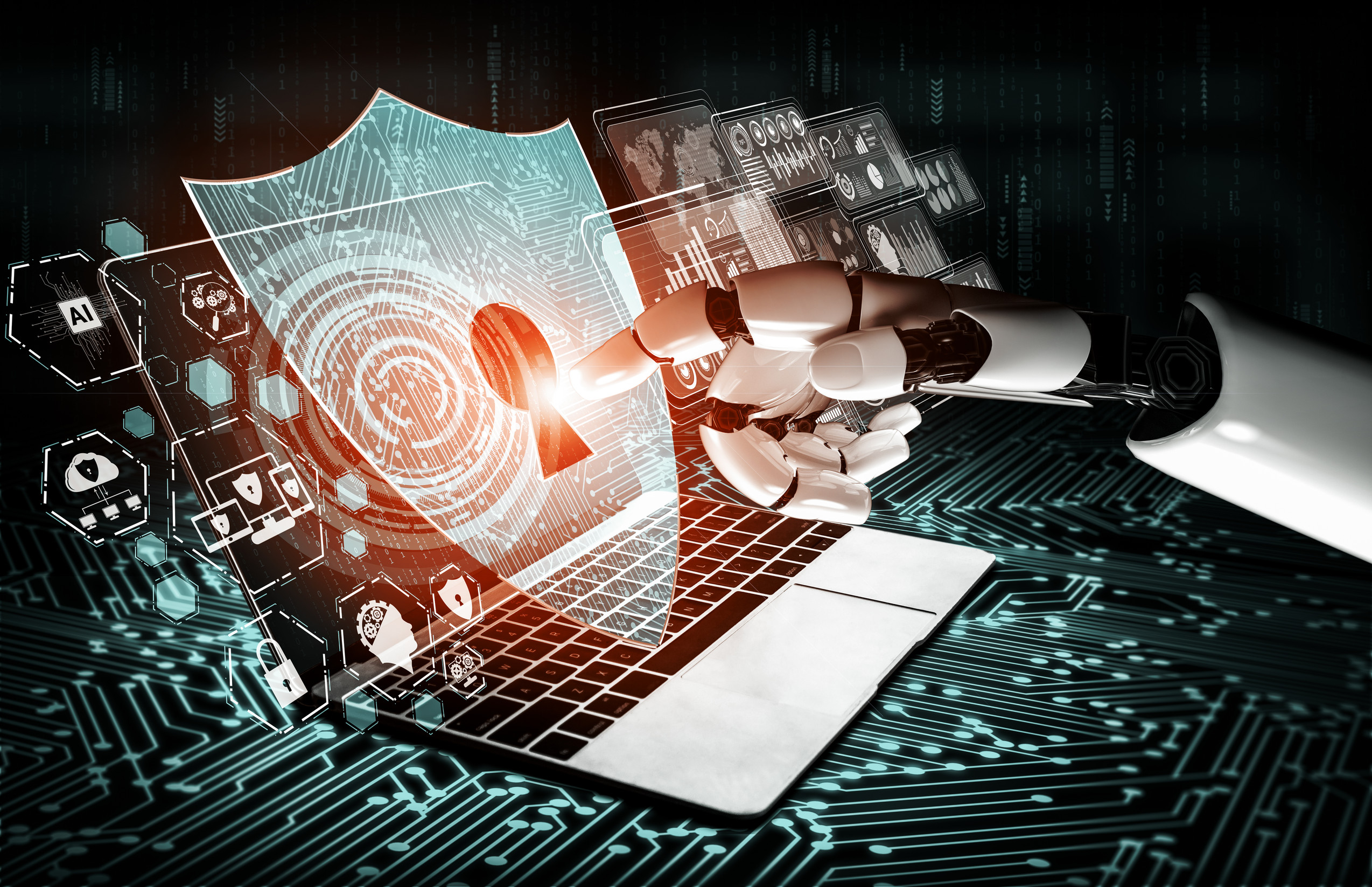 Eine Roboterhand tippt mit dem Zeigefinger ein digitales Sicherheitsschloss an.