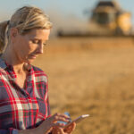 Landwirtin steht auf einem erntereifen Getreidefeld und schaut auf ihr Handy, im Hintergrund ein Mähdrescher.