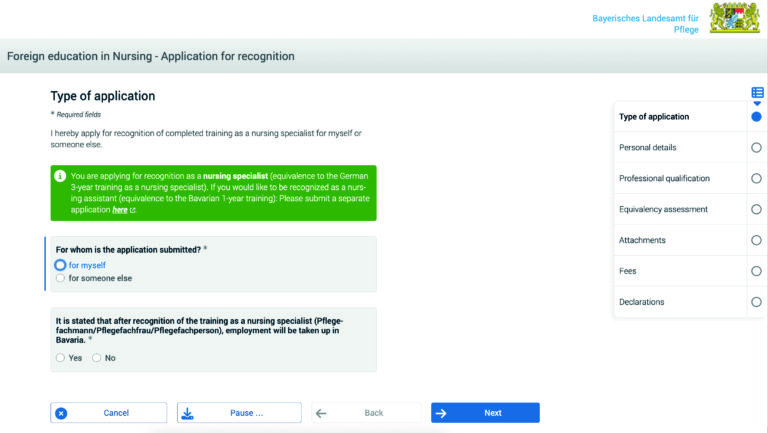 Screenshot aus der Antragsstrecke, hier die Version in englischer Sprache