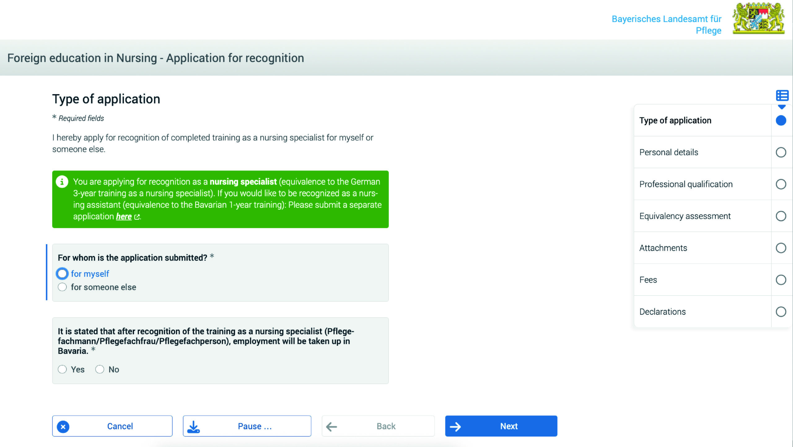 Screenshot aus der Antragsstrecke, hier die Version in englischer Sprache