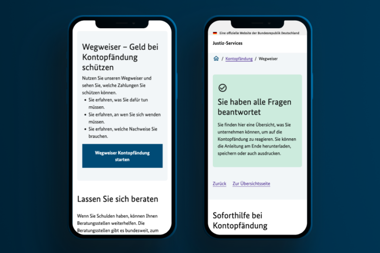Darstellung des Wegweisers Kontopfändung am Smartphone.