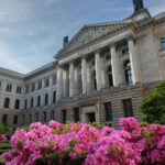 Außenansicht des klassizistischen Bundesratsgebäudes, im Vordergrund blühender Rhododendron.