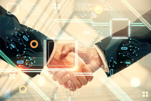 KI-generierte Doppelbelichtung: Handshake zweier anzugtragender Männer, darüber liegen Muster wie von einer Computerplatine.