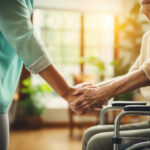 Alte Frau im Rollstuhl hält die Hand einer Pflegefachkraft