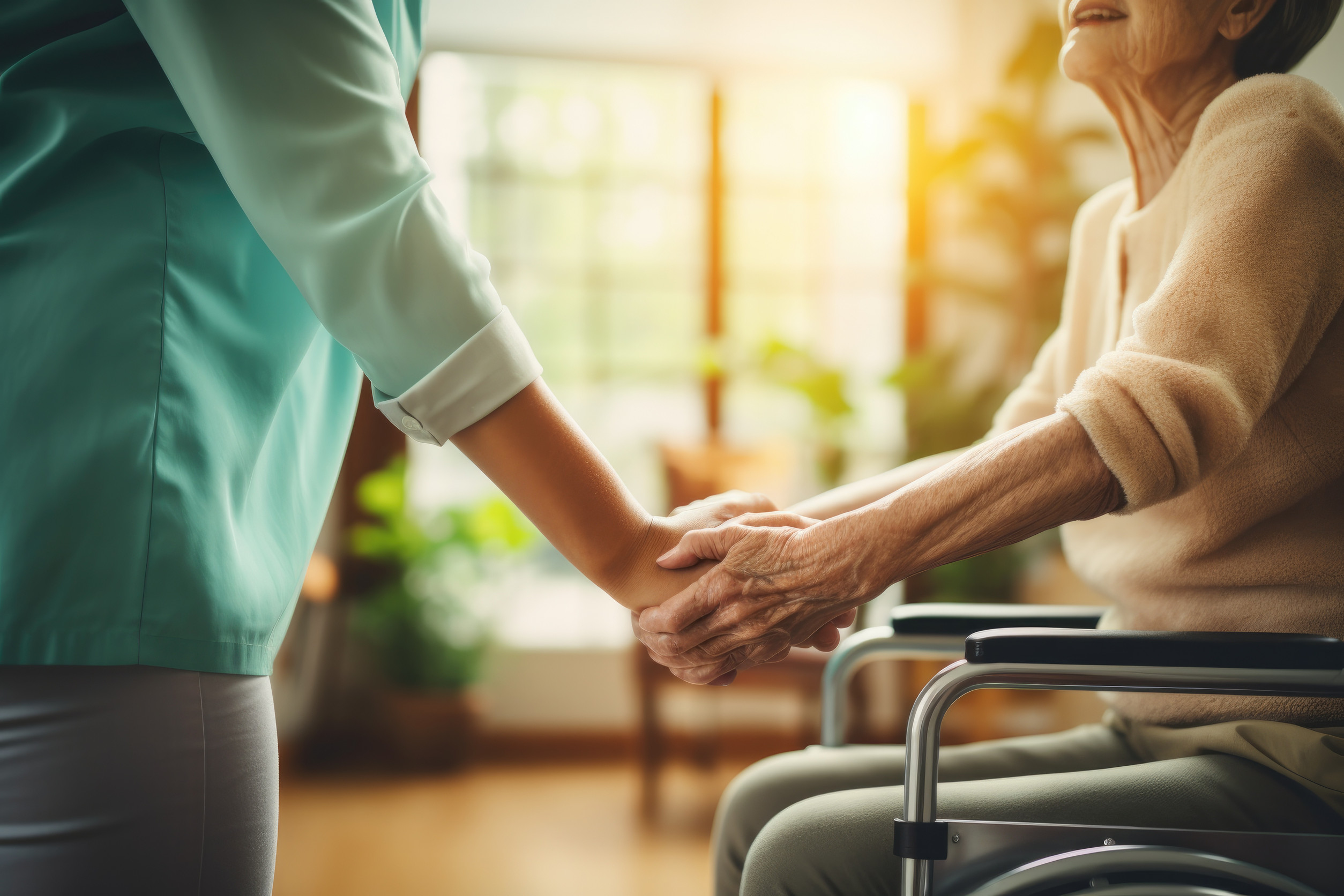Alte Frau im Rollstuhl hält die Hand einer Pflegefachkraft