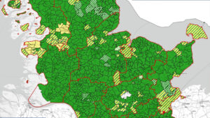 Ausschnitt aus einer Landkarte, die Kreisgenau den Stand des Glasfaserausbaus in Schleswig-Holstein anzeigt.