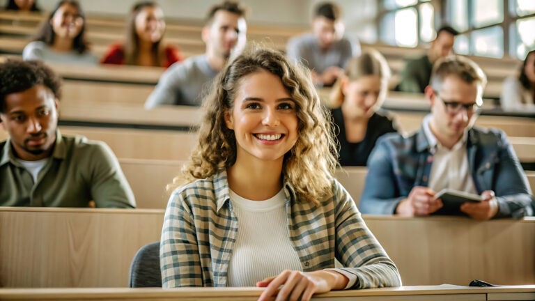 Junge Frau im Hörsaal lächelt in die Kamera