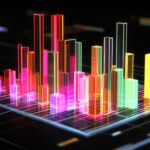 Dunkel gestaltetes D-Balkendiagramm mit neonfarbenen Balken und digitalem Raster als Basis, das eine futuristische Ästhetik der Datenvisualisierung widerspiegelt.