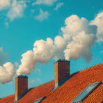 Rauchende Schornsteine auf einem Hausdach vor blauem Himmel