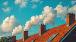 Rauchende Schornsteine auf einem Hausdach vor blauem Himmel