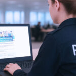 Polizistin sitzt vor einem offenen Laptop, der Monitor zeigt die Website der Polizei Hessen