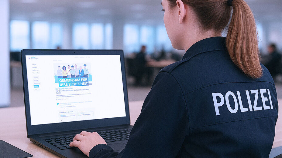 Polizistin sitzt vor einem offenen Laptop, der Monitor zeigt die Website der Polizei Hessen
