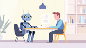 Illustration: Mann sitzt mit freundlichem Roboter an Büroschreibtisch