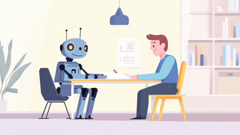 Illustration: Mann sitzt mit freundlichem Roboter an Büroschreibtisch