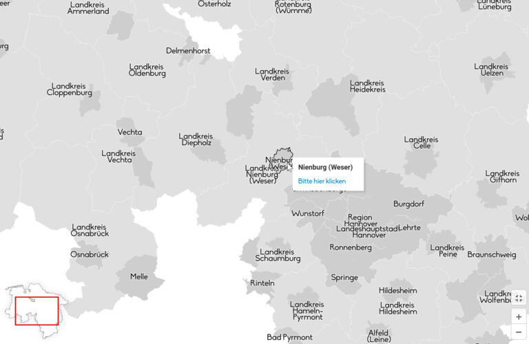 In Grau gehaltene, interaktive Karte der Landkreise in Niedersachsen.